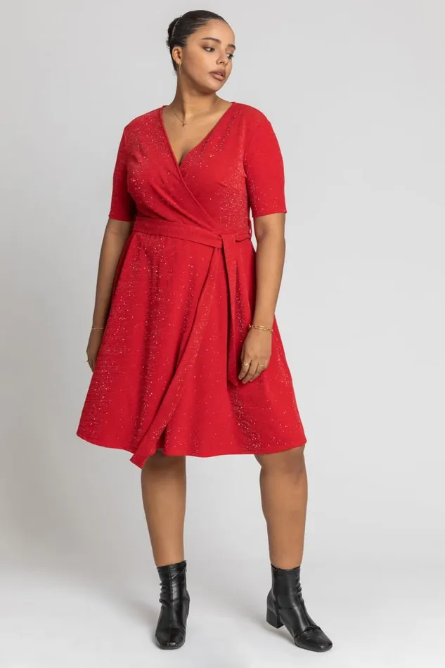 Women Red Curve Shimmer Wrap Dress Roman Dresses