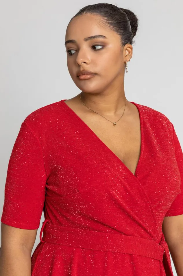 Women Red Curve Shimmer Wrap Dress Roman Dresses