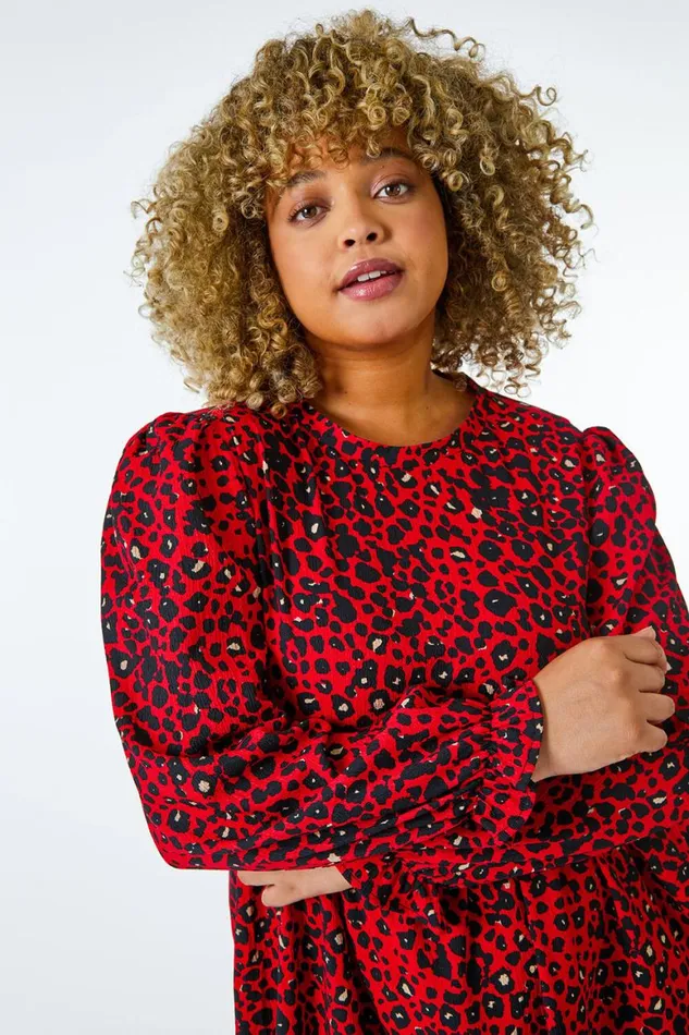 Women Red Curve Textured Leopard Print Tunic Dress Roman Dresses