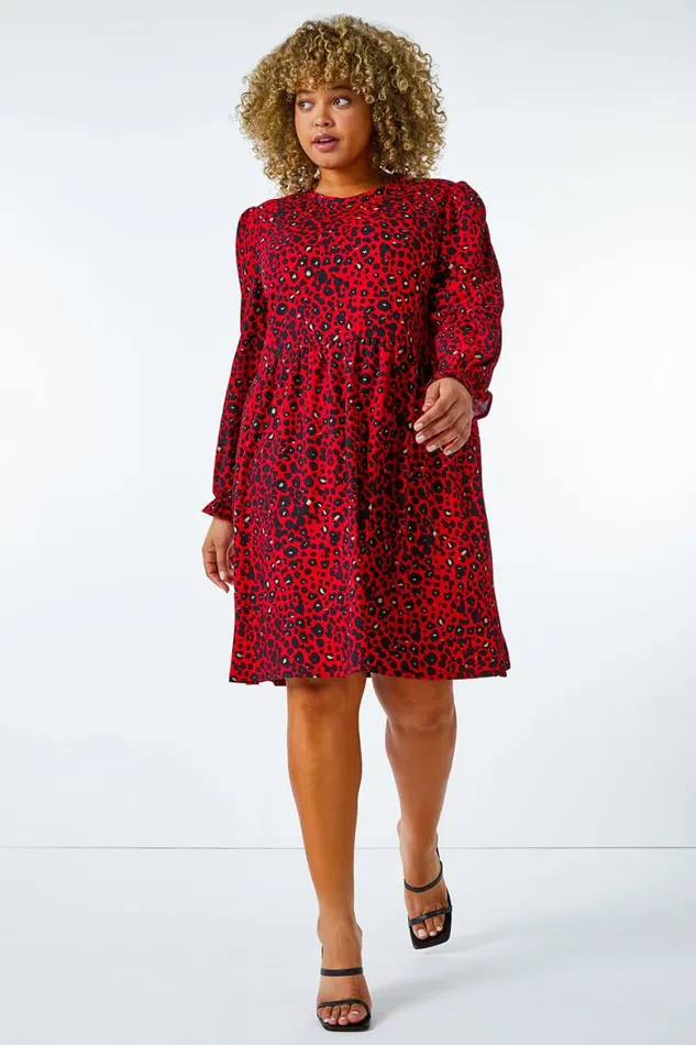 Women Red Curve Textured Leopard Print Tunic Dress Roman Dresses