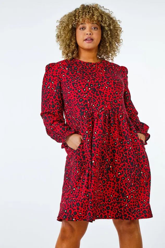 Women Red Curve Textured Leopard Print Tunic Dress Roman Dresses