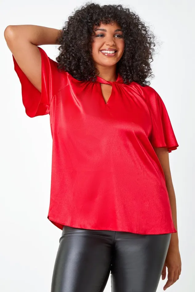 Women Red Curve Twist Neck VNeck Satin Top Roman Tops