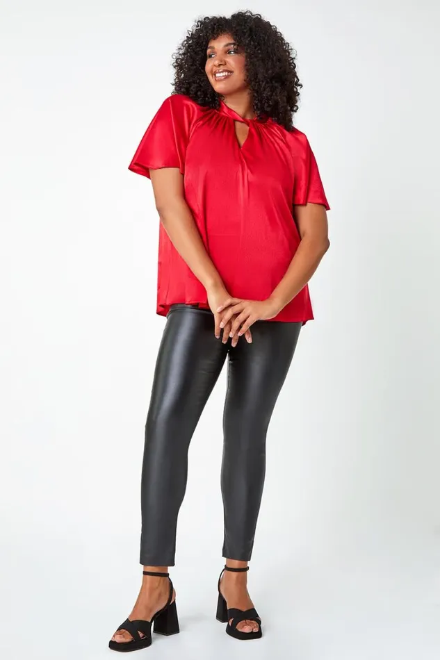 Women Red Curve Twist Neck VNeck Satin Top Roman Tops