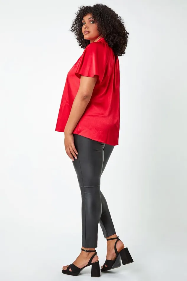 Women Red Curve Twist Neck VNeck Satin Top Roman Tops
