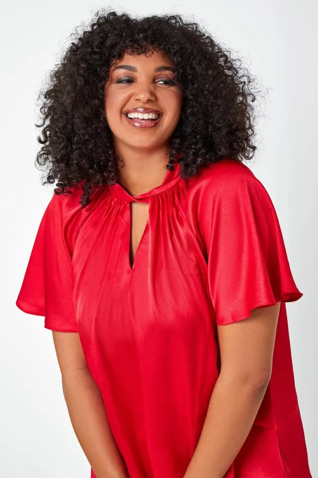 Women Red Curve Twist Neck VNeck Satin Top Roman Tops