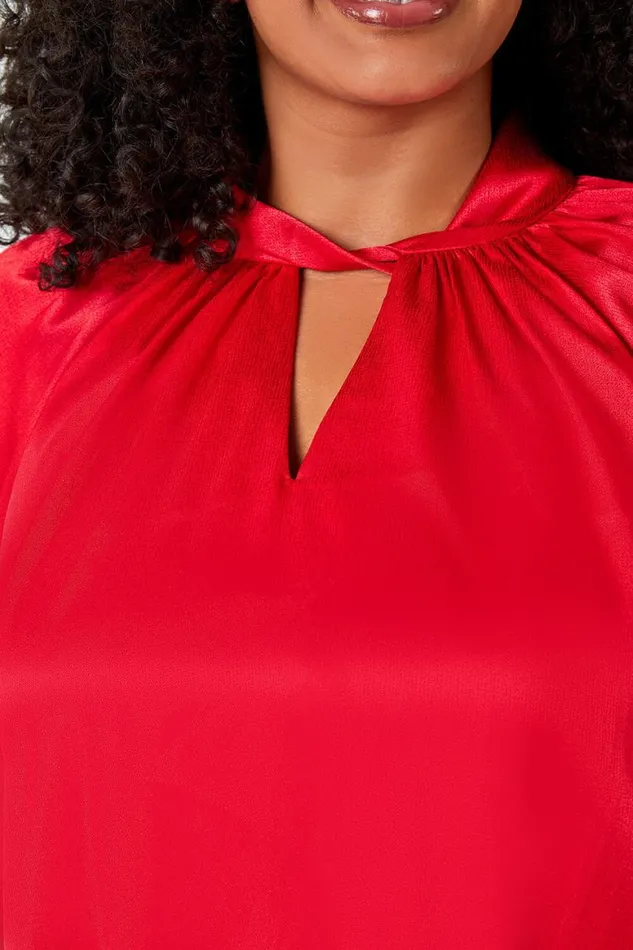 Women Red Curve Twist Neck VNeck Satin Top Roman Tops