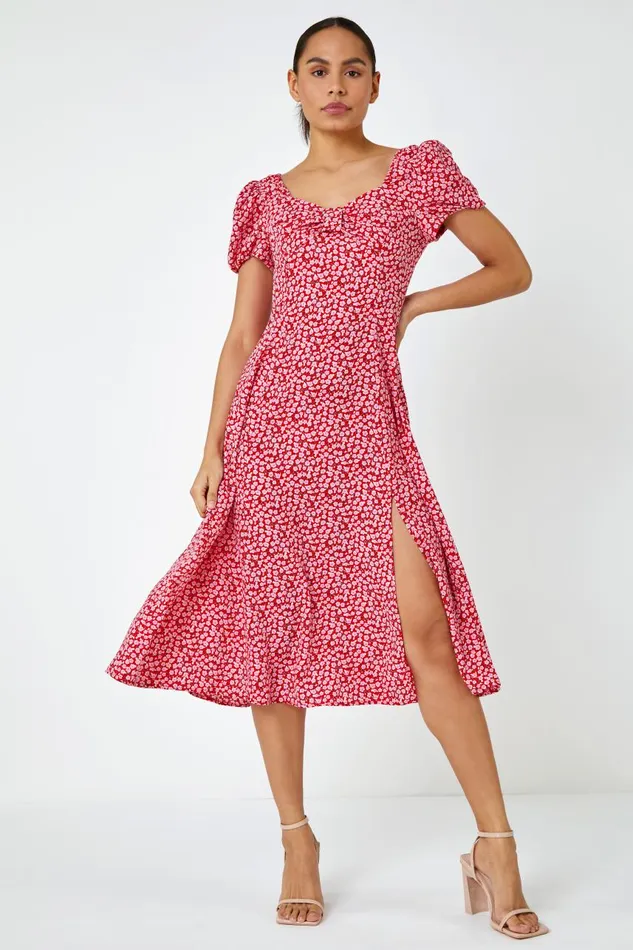 Women Red Ditsy Floral Bow Detail Midi Dress Roman Dresses