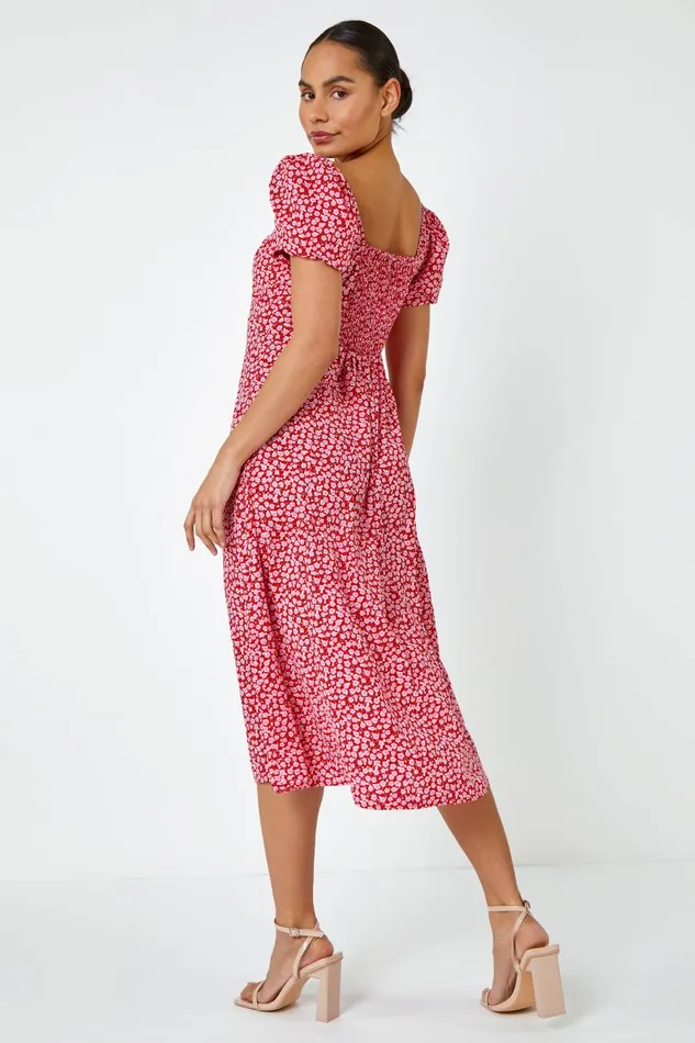 Women Red Ditsy Floral Bow Detail Midi Dress Roman Dresses