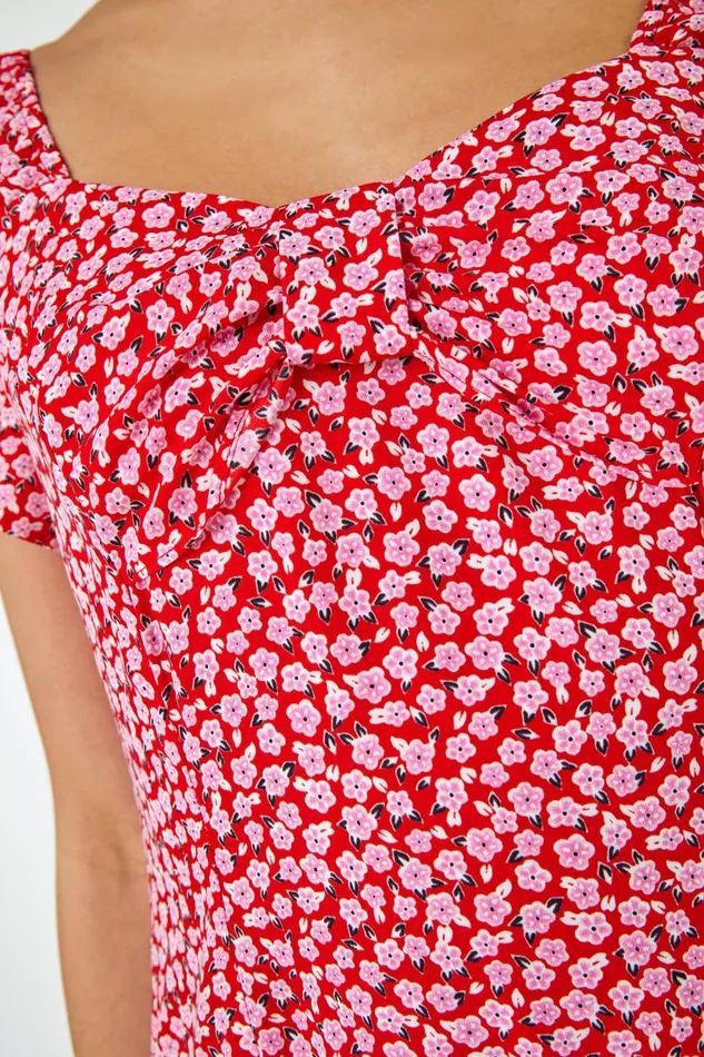 Women Red Ditsy Floral Bow Detail Midi Dress Roman Dresses