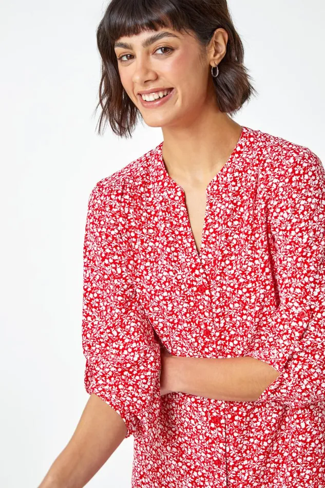 Women Red Ditsy Floral Print Longline Blouse Roman Tops