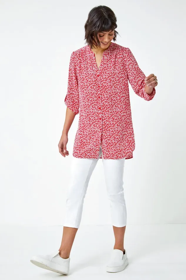 Women Red Ditsy Floral Print Longline Blouse Roman Tops