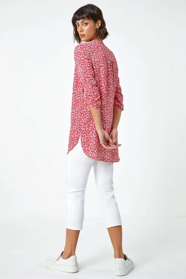 Women Red Ditsy Floral Print Longline Blouse Roman Tops