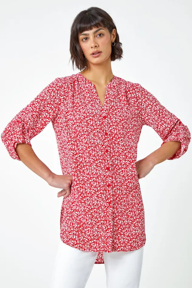 Women Red Ditsy Floral Print Longline Blouse Roman Tops