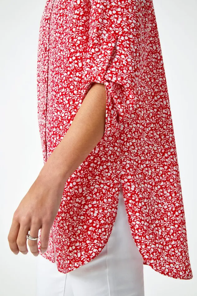 Women Red Ditsy Floral Print Longline Blouse Roman Tops