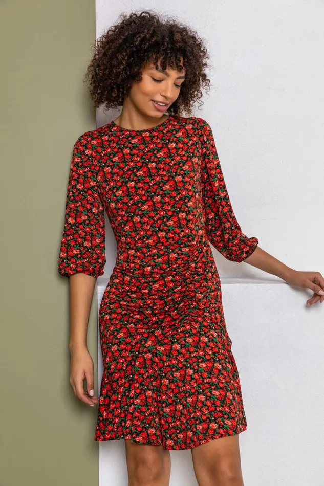 Women Red Ditsy Floral Ruched Frill Dress Roman Dresses