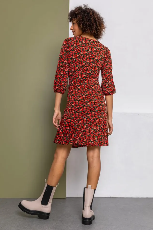 Women Red Ditsy Floral Ruched Frill Dress Roman Dresses