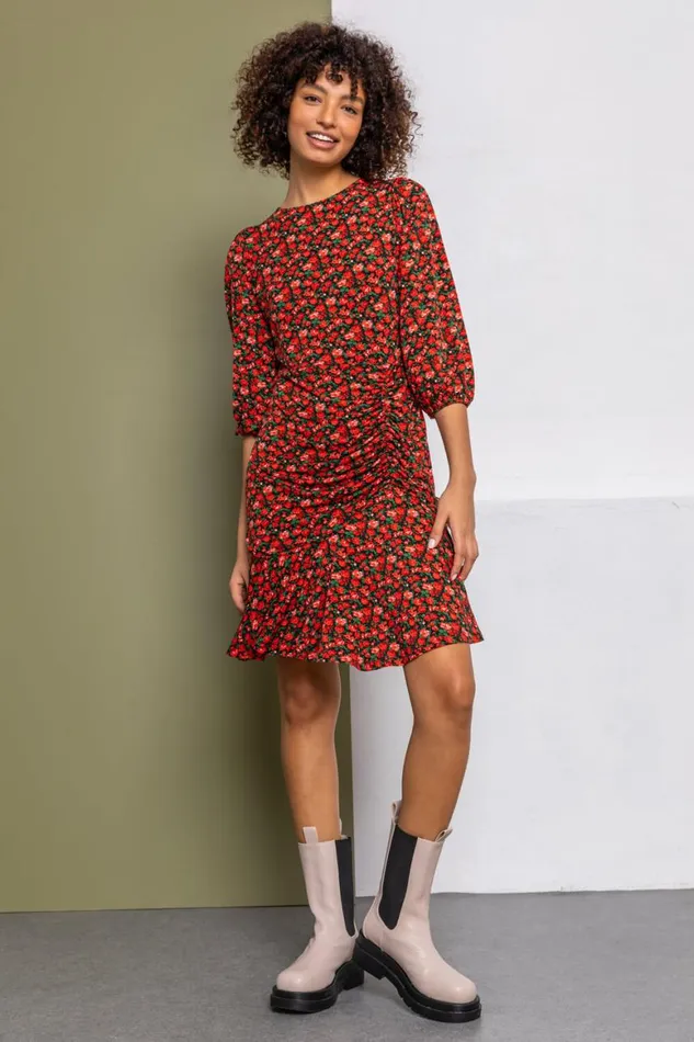 Women Red Ditsy Floral Ruched Frill Dress Roman Dresses
