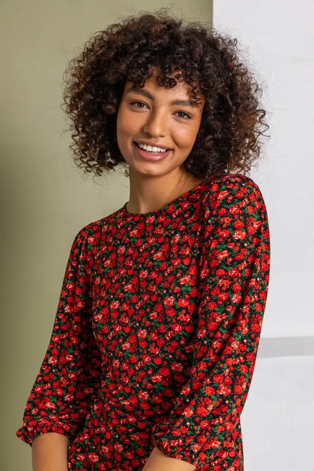 Women Red Ditsy Floral Ruched Frill Dress Roman Dresses