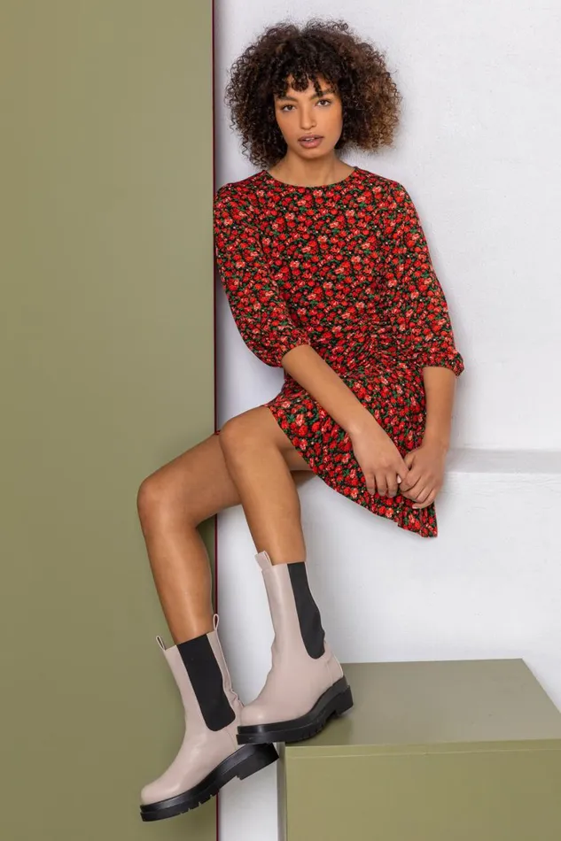 Women Red Ditsy Floral Ruched Frill Dress Roman Dresses