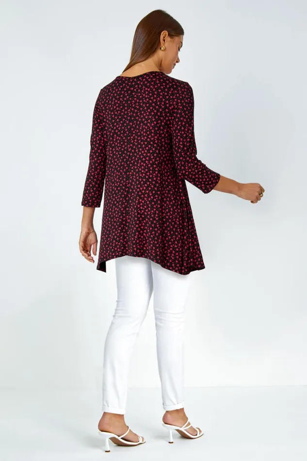 Women Red Ditsy Heart Stretch Hanky Hem Top Roman Tops