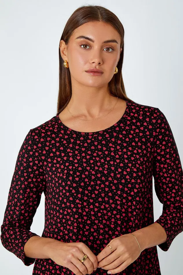 Women Red Ditsy Heart Stretch Hanky Hem Top Roman Tops