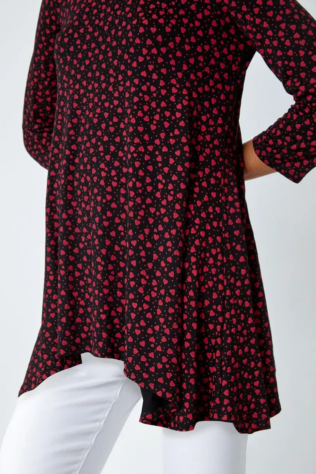 Women Red Ditsy Heart Stretch Hanky Hem Top Roman Tops