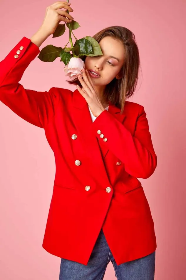 Women Red Double Breasted Smart Blazer Roman Occasionwear