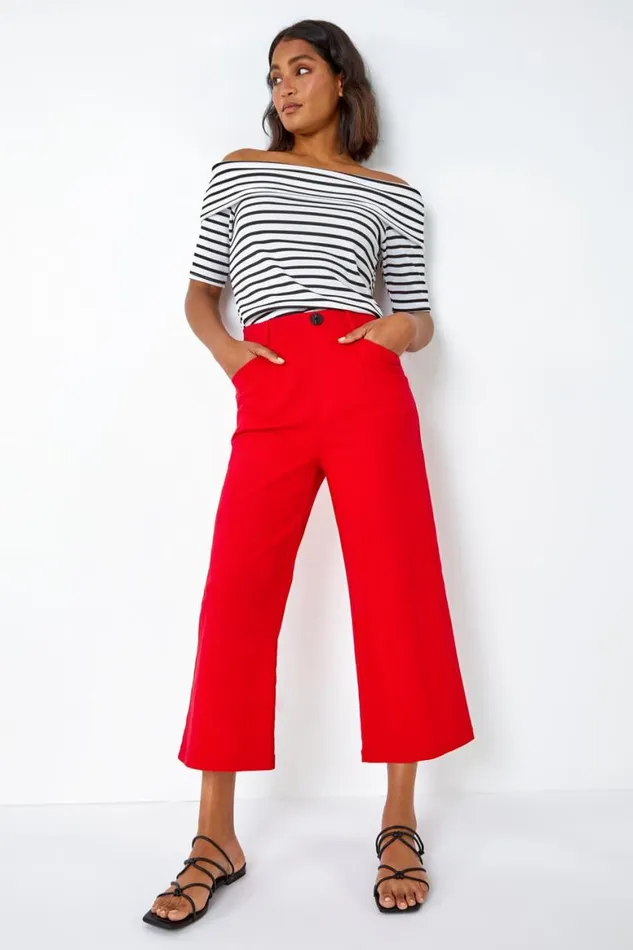 Women Red Elastic Waist Stretch Cropped Culotte Roman Coords