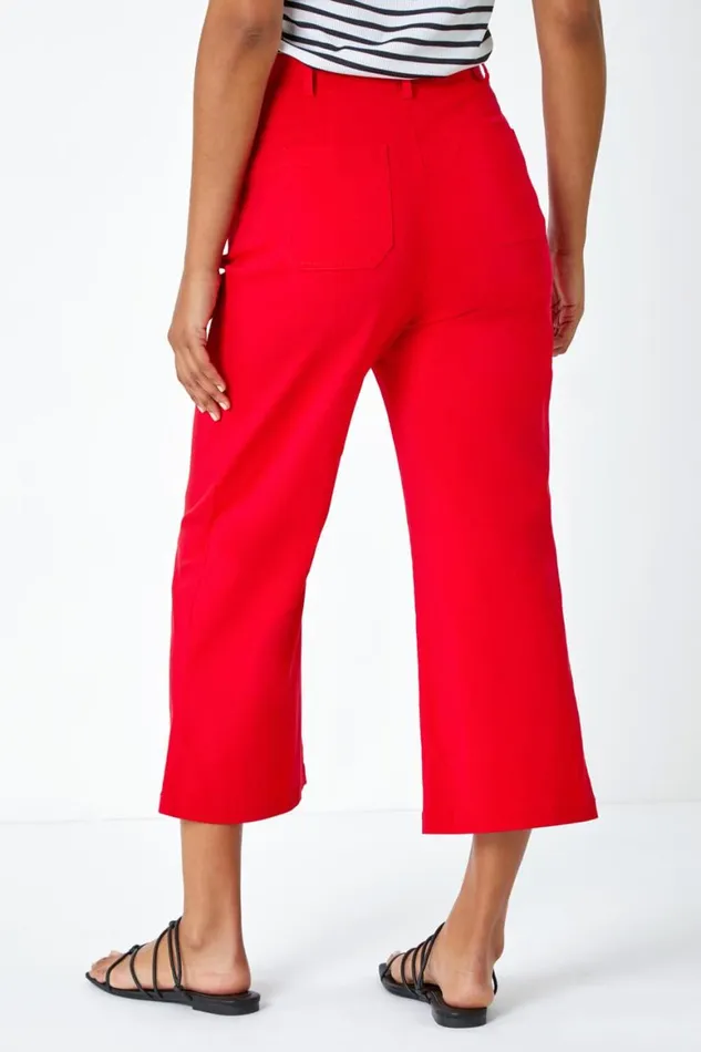 Women Red Elastic Waist Stretch Cropped Culotte Roman Coords