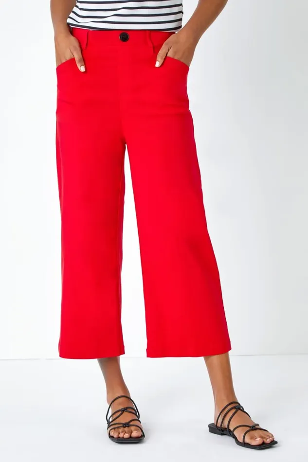 Women Red Elastic Waist Stretch Cropped Culotte Roman Coords