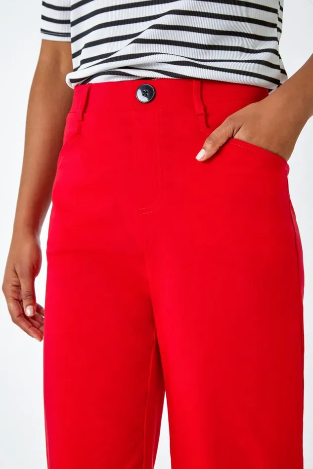 Women Red Elastic Waist Stretch Cropped Culotte Roman Coords