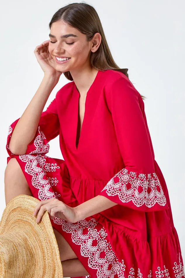 Women Red Embroidered Cotton Smock Dress Roman Dresses