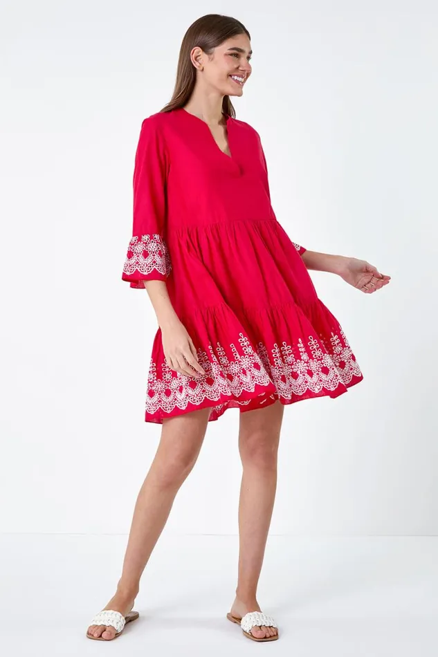 Women Red Embroidered Cotton Smock Dress Roman Dresses