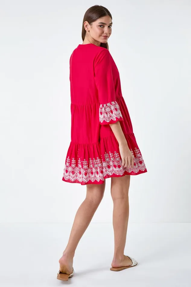 Women Red Embroidered Cotton Smock Dress Roman Dresses