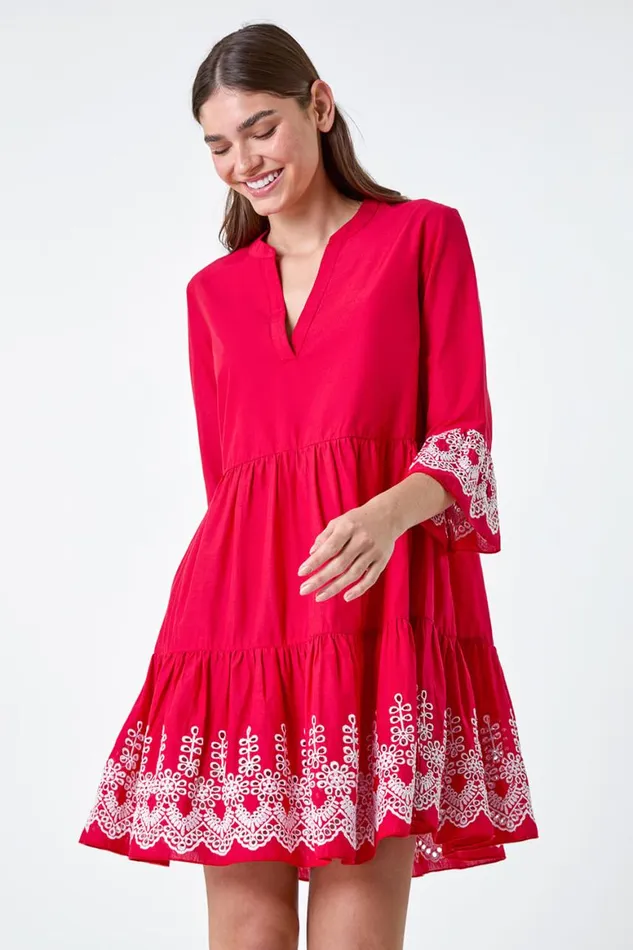 Women Red Embroidered Cotton Smock Dress Roman Dresses