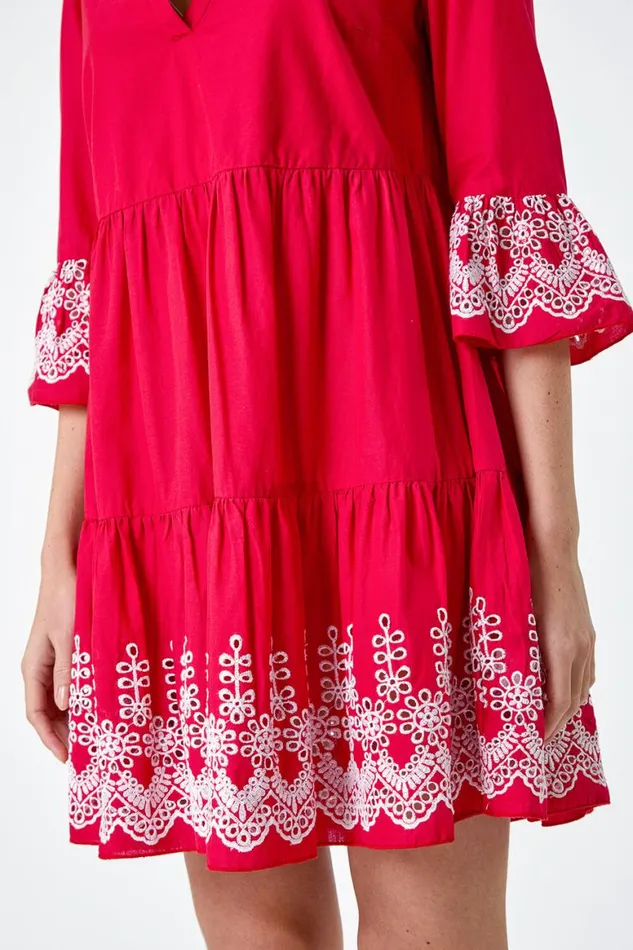 Women Red Embroidered Cotton Smock Dress Roman Dresses