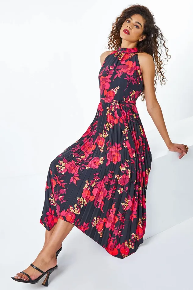 Women Red Floral Pleated Halter Neck Midi Dress Roman Dresses