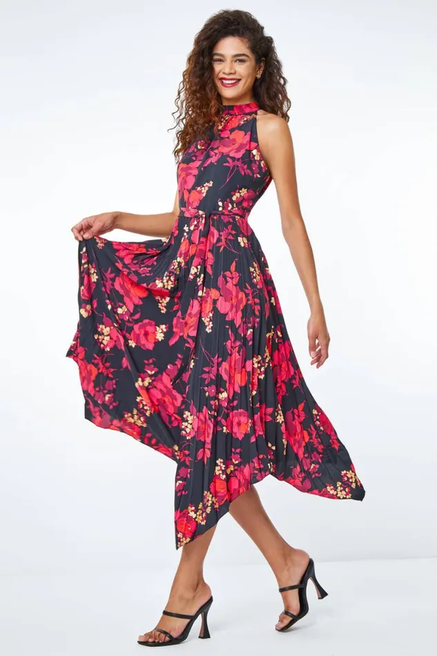 Women Red Floral Pleated Halter Neck Midi Dress Roman Dresses