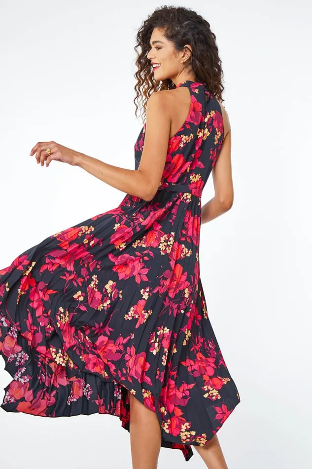 Women Red Floral Pleated Halter Neck Midi Dress Roman Dresses