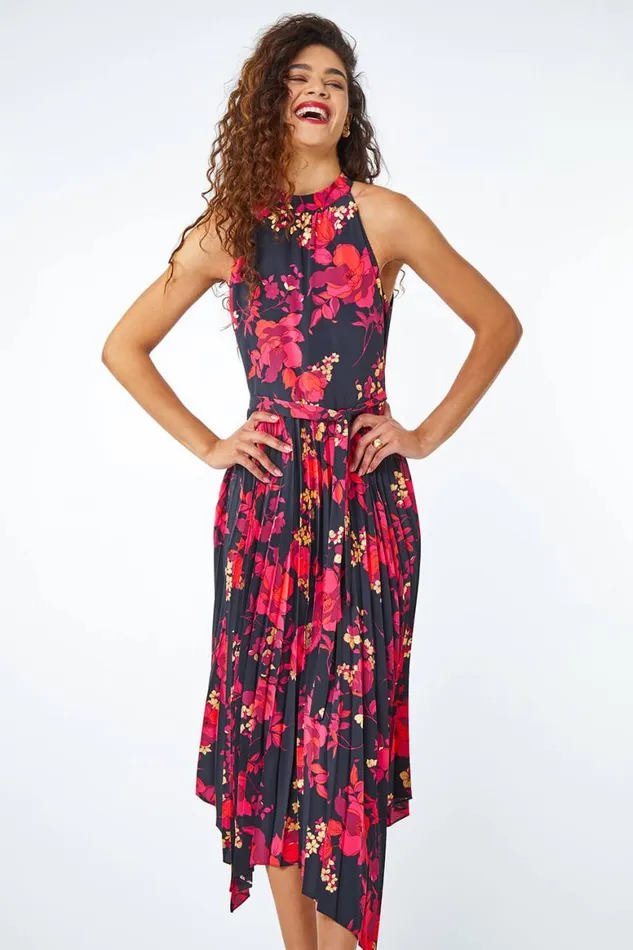 Women Red Floral Pleated Halter Neck Midi Dress Roman Dresses