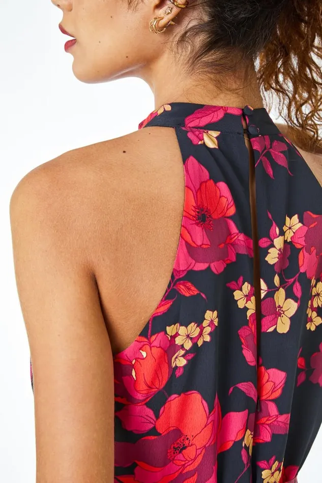 Women Red Floral Pleated Halter Neck Midi Dress Roman Dresses