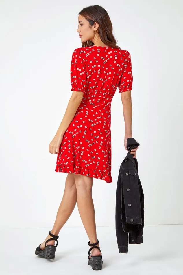 Women Red Floral Print Frill Tea Dress Roman Dresses