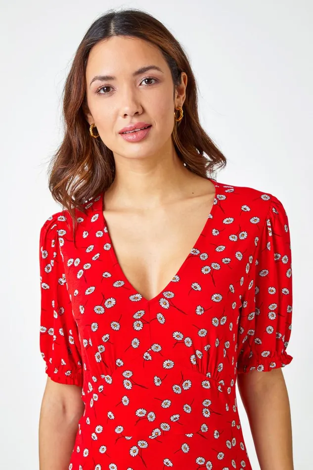 Women Red Floral Print Frill Tea Dress Roman Dresses