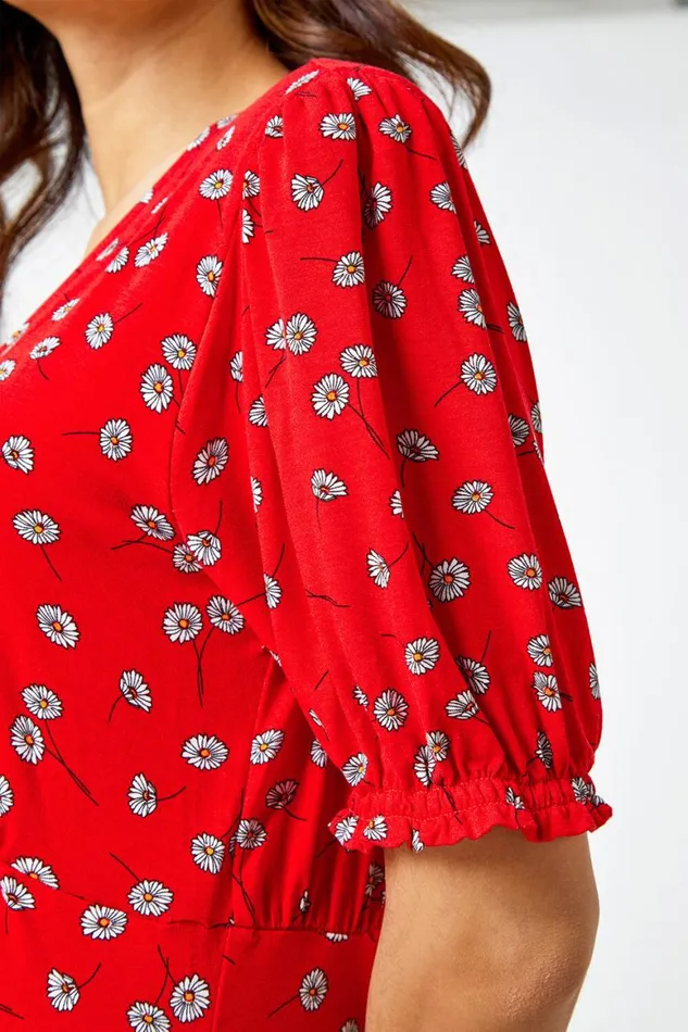 Women Red Floral Print Frill Tea Dress Roman Dresses