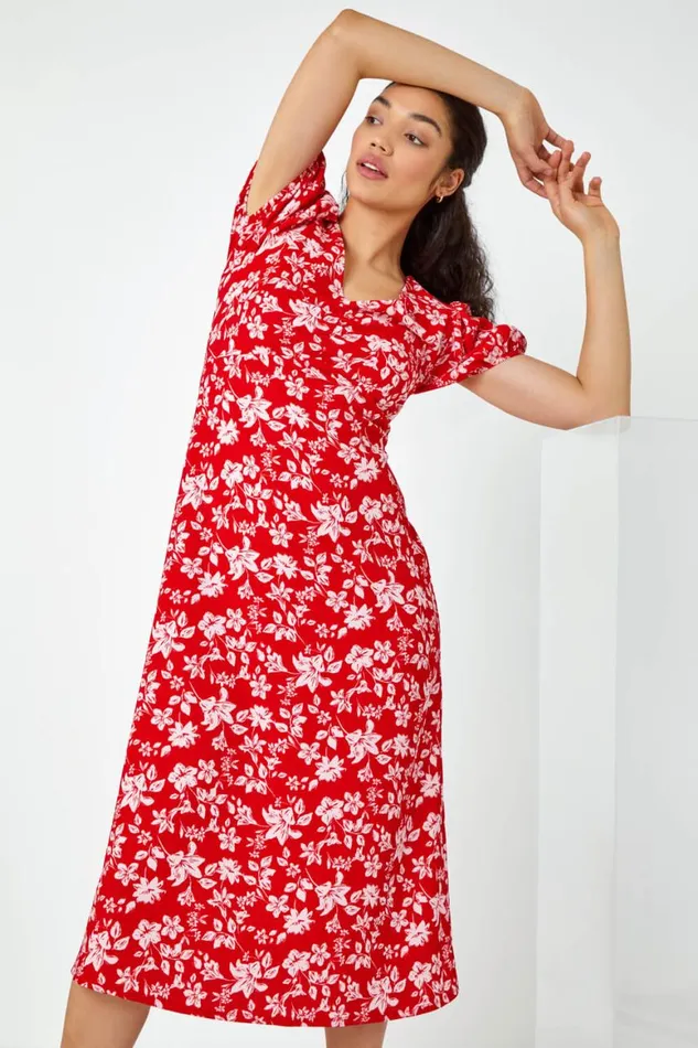 Women Red Floral Print Lace Back Midi Dress Roman Dresses