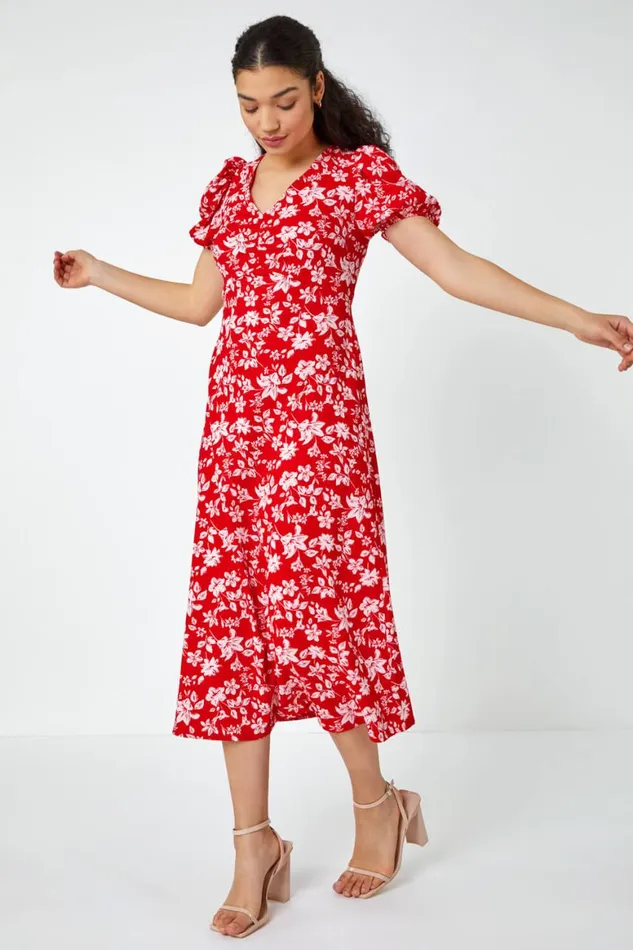 Women Red Floral Print Lace Back Midi Dress Roman Dresses