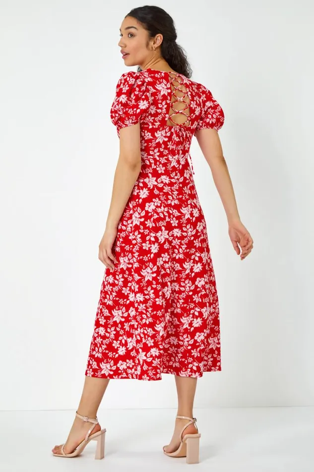 Women Red Floral Print Lace Back Midi Dress Roman Dresses
