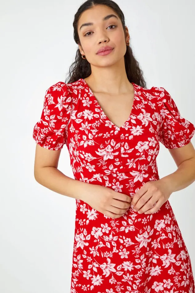 Women Red Floral Print Lace Back Midi Dress Roman Dresses