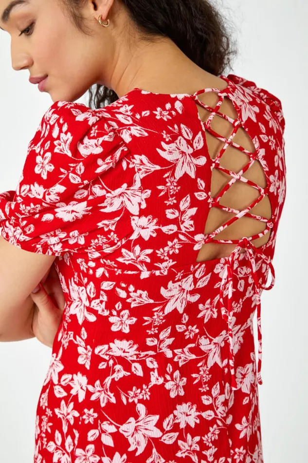 Women Red Floral Print Lace Back Midi Dress Roman Dresses