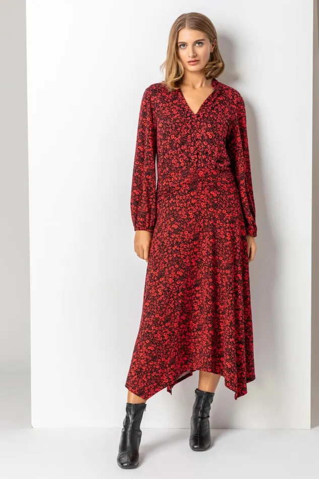 Women Red Floral Print Pleat Detail Midi Dress Roman Dresses